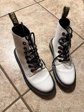 Dr. Martens White Leather Lace-Up Combat Boots with Black Accents